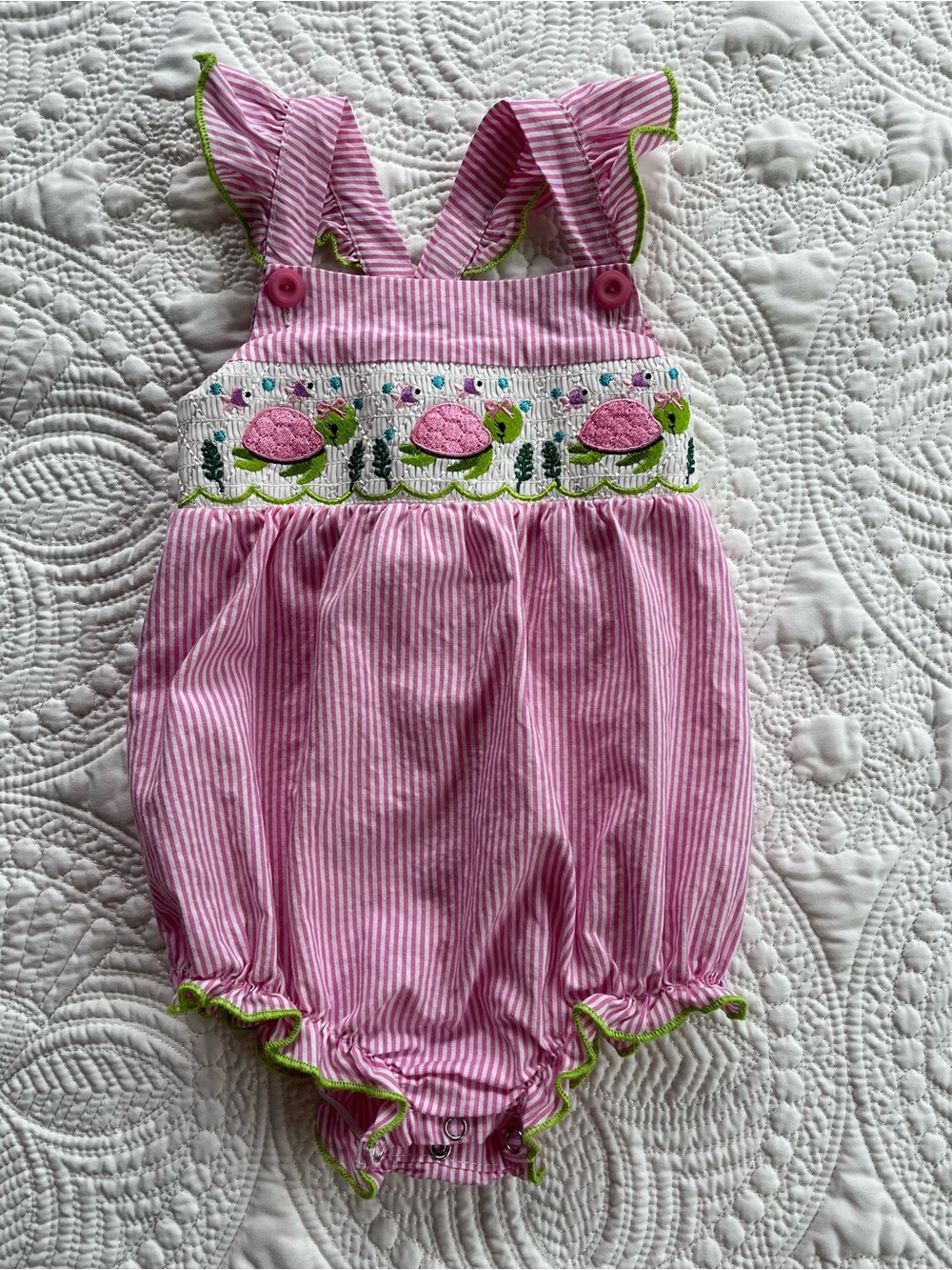 Pink Striped Turtle Smocked Bubble Romper for Kids